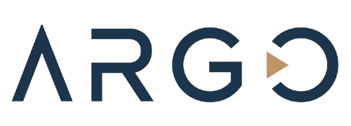 ARGO wordmark in Argo Navy with copper arrow accent
