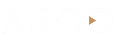 ARGO wordmark in warm white with copper arrow accent, for dark backgrounds